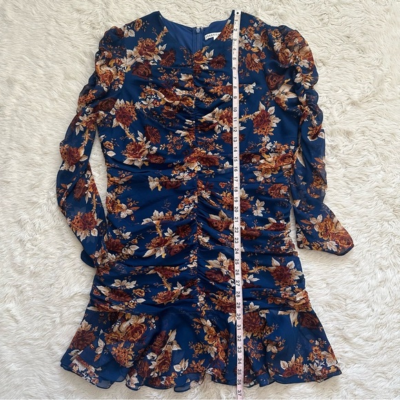 Veronica Beard Dress Hedera Ruched Silk Ruffle Mini Floral Electric Blue Sz 16 - Picture 11 of 12